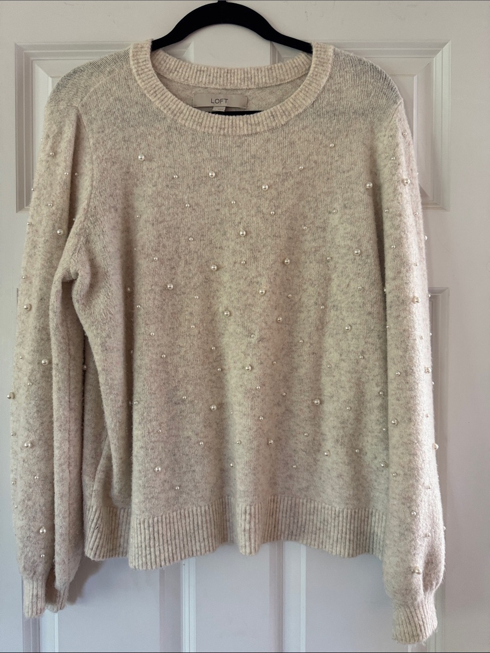 LOFT Cream Pearl-Embellished Crewneck Sweater
